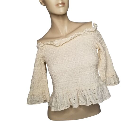 American Eagle Smocked Cream Off The Shoulder Cropped Shirt Boho Hippie Coastal - Picture 1 of 7